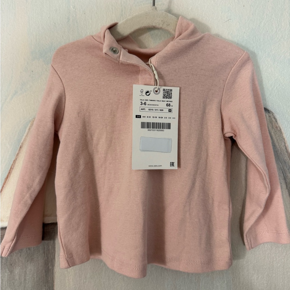 ZARA Soft Cotton Light Pink Mockneck Turtleneck Flower Appliqué Size 3-6M NWT - Picture 2 of 4